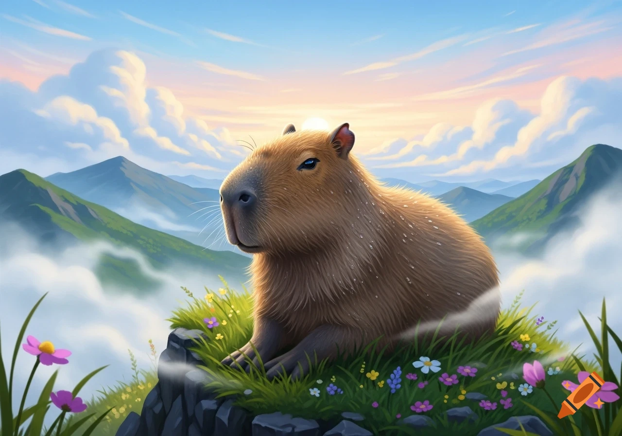 A capybara sits on a grassy rock with colorful flowers, overlooking ...