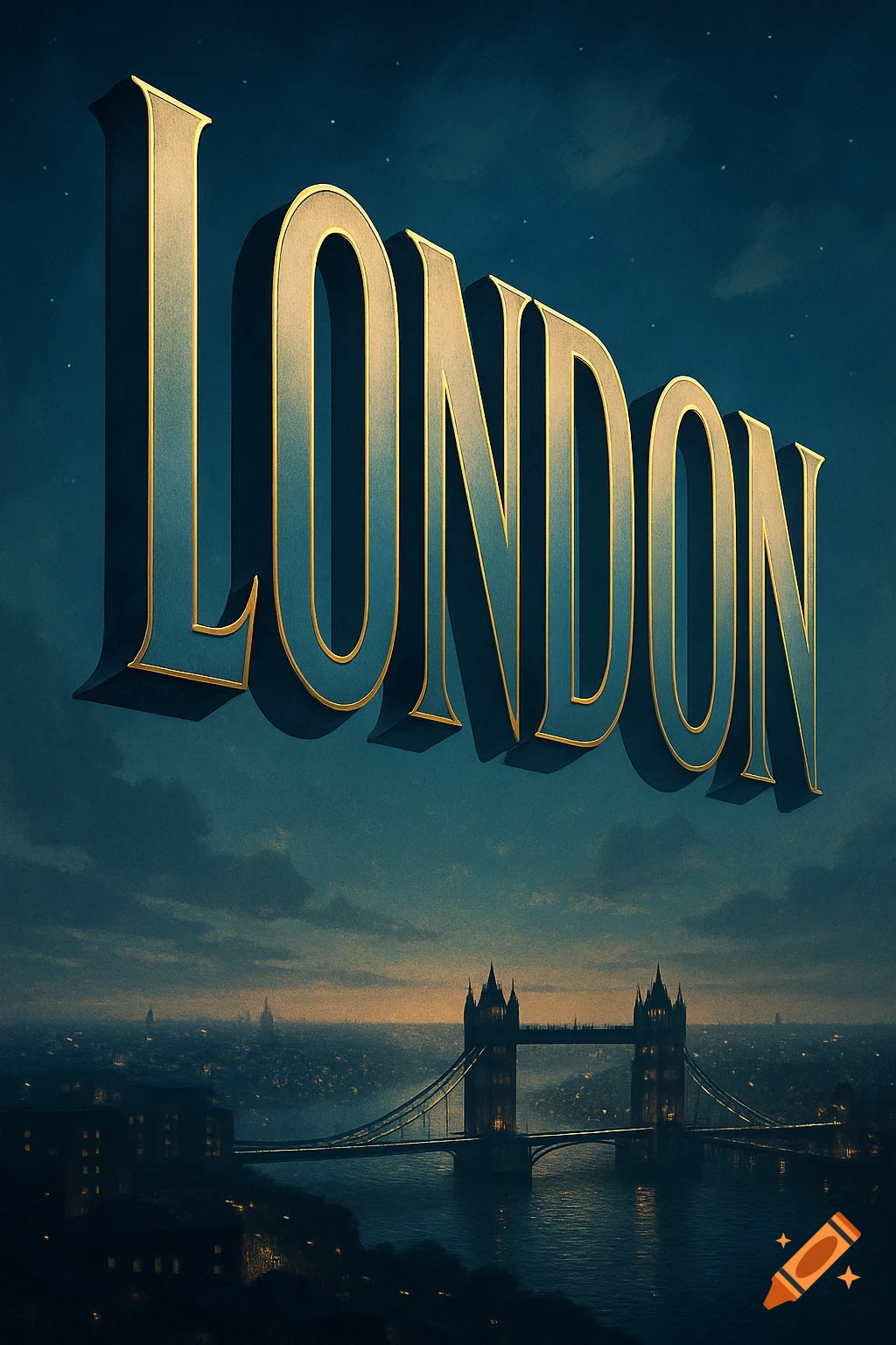 Stylized 3D 'LONDON' text over a dark cityscape with illuminated Tower Bridge at dusk.