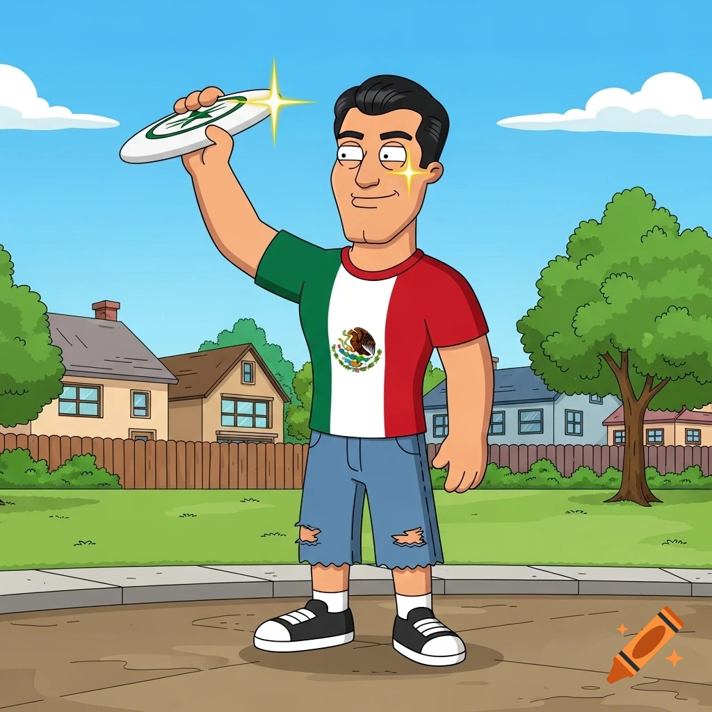 A Family Guy-style cartoon man in a Mexican flag shirt and jean shorts holds a frisbee overhead in a suburban neighborhood.
