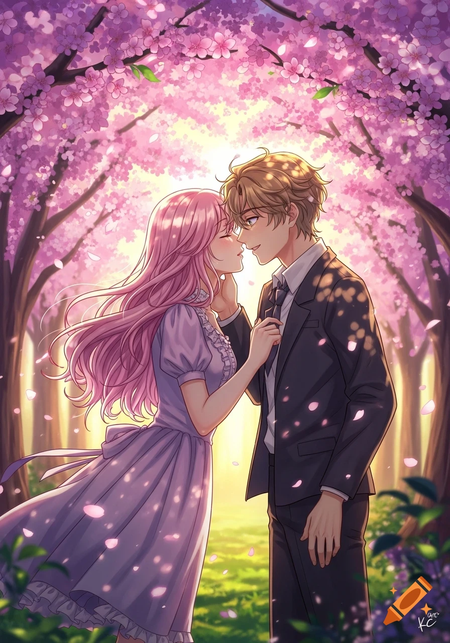 Anime couple nearly kissing under a vibrant canopy of pink cherry ...