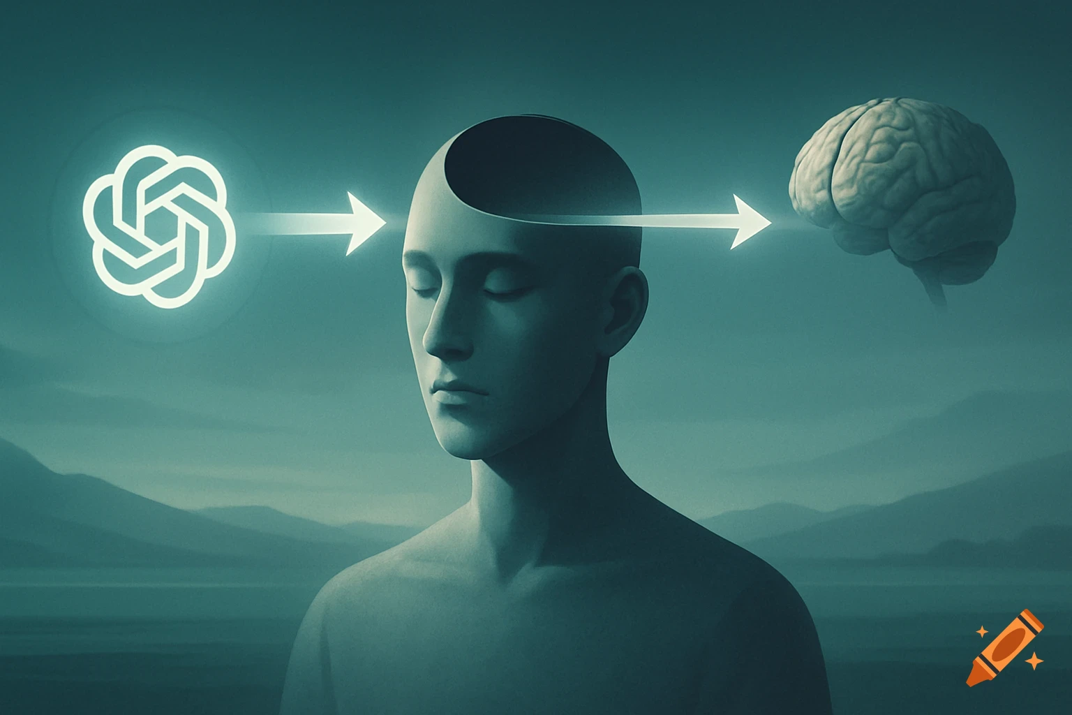 Futuristic digital art of a person with an open head, showing the ChatGPT logo's influence replacing the brain, set in a teal landscape.