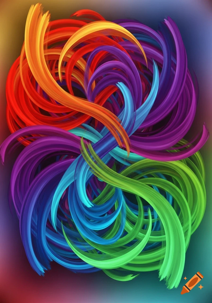 Vibrant abstract art with intertwined red, orange, purple, blue, and green brushstrokes forming a circular pattern.