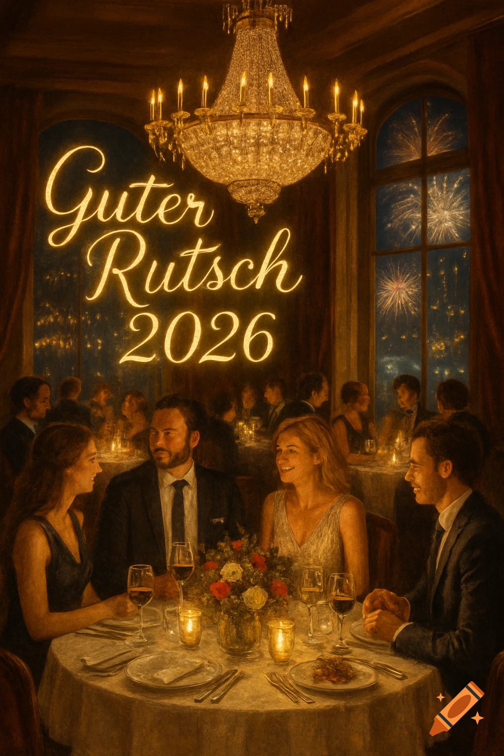 An elegant New Year's Eve celebration in a restaurant with people dining, a chandelier, fireworks, and the text 'Guter Rutsch 2026'.