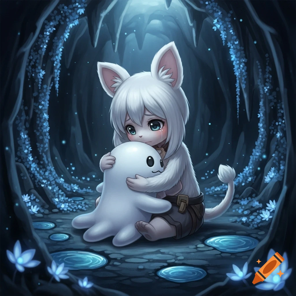 A white furry anime character with tears in its eyes hugs a white blob creature in a dark, glowing fantasy cave.