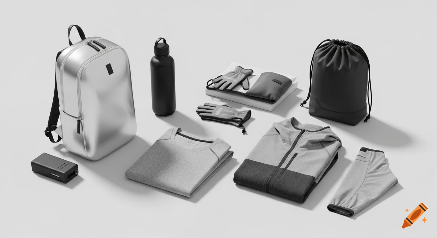 A flat lay of silver and black sports gear including a backpack, water bottle, gloves, drawstring bag, folded t-shirt, jacket, and pants on a white surface.