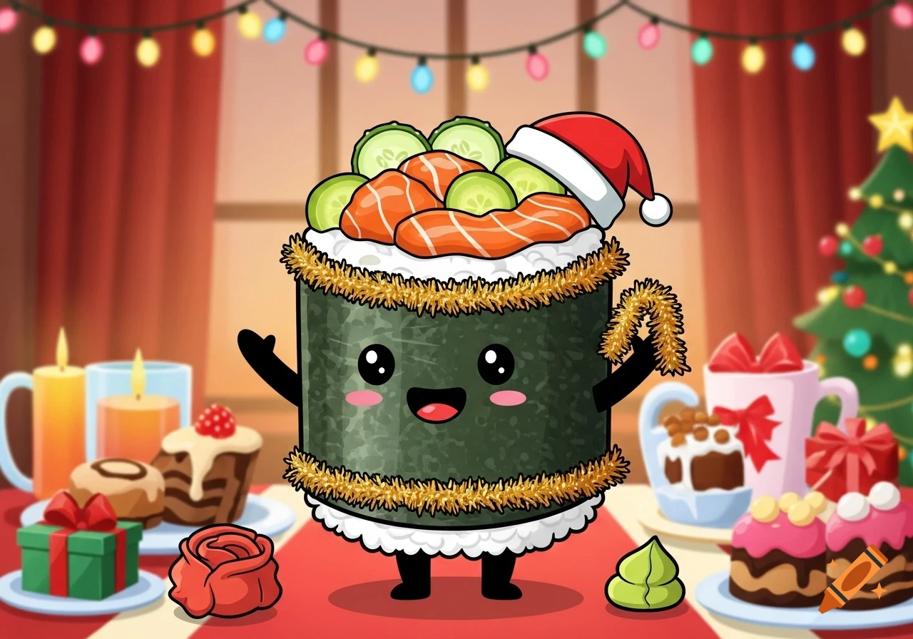 Cartoon of a happy sushi roll in a Santa hat, holding tinsel, celebrating Christmas with gifts and a tree.
