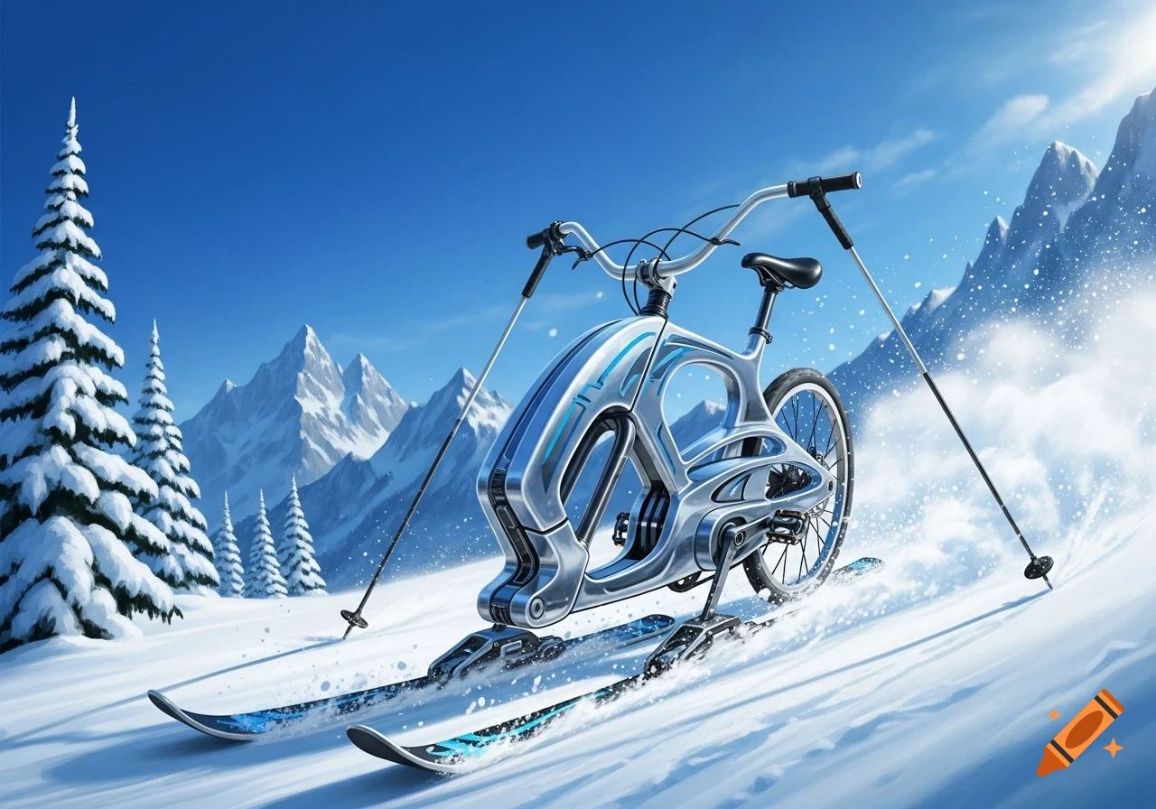 A futuristic ski bike, combining a bicycle frame with skis, glides down a snowy mountain slope under a clear blue sky, with pine trees.