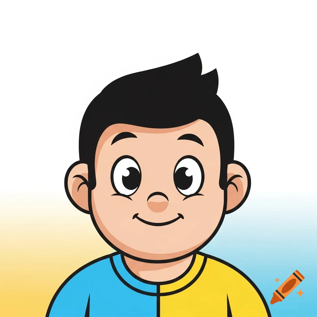 Cartoon avatar of a smiling boy with black hair and a blue and yellow shirt.