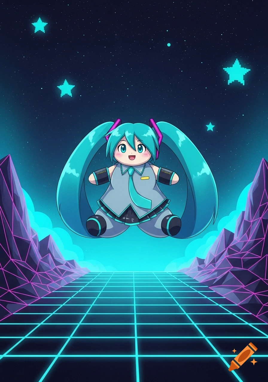 Chibi Hatsune Miku floats over a glowing blue grid in a dark synthwave landscape with purple mountains and pixelated stars.