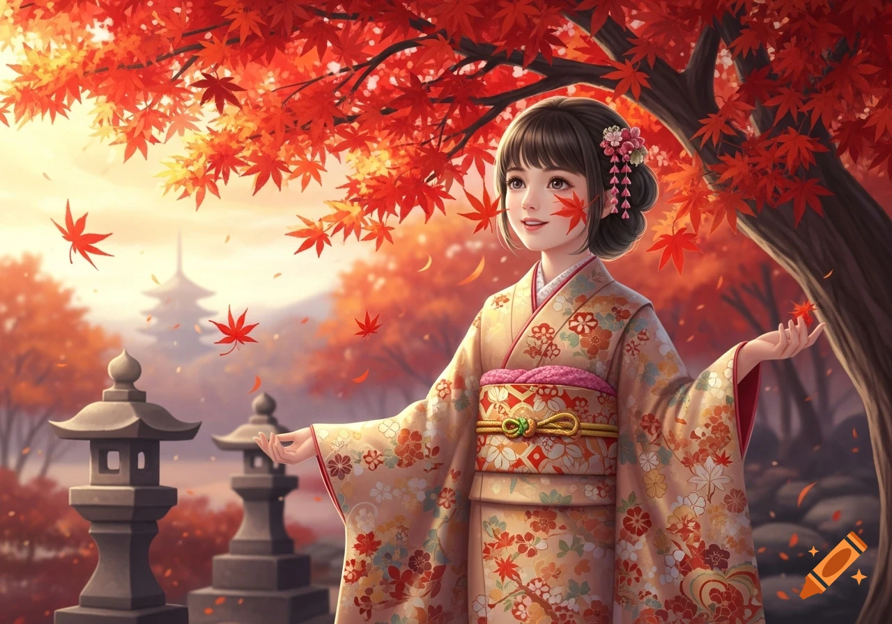Anime girl in a patterned kimono stands among vibrant red autumn maple leaves, with stone lanterns and a pagoda in the background.