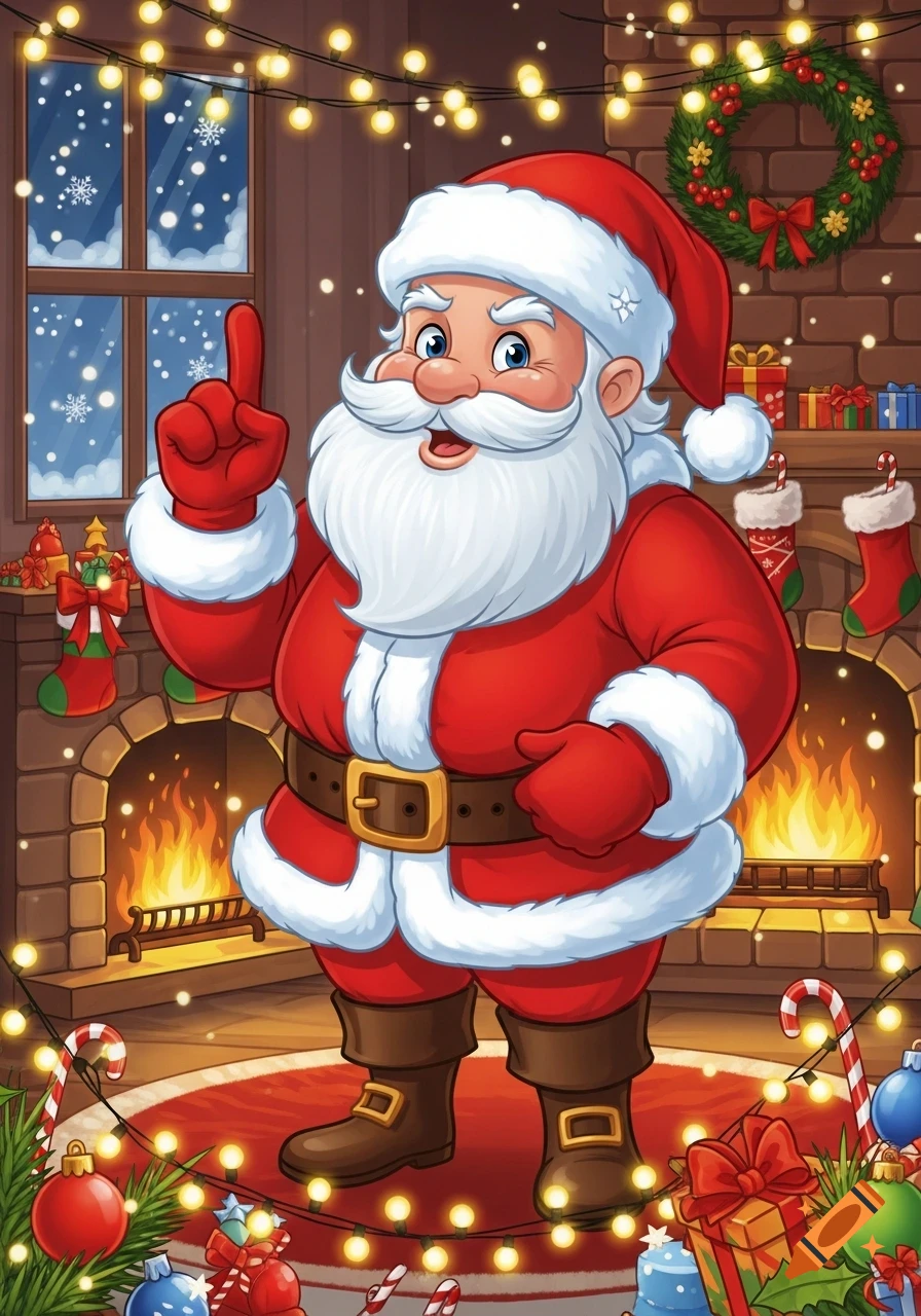 A cartoon Santa Claus stands by a festive fireplace, raising his finger in a warning or instructive gesture, surrounded by Christmas lights and decorations.