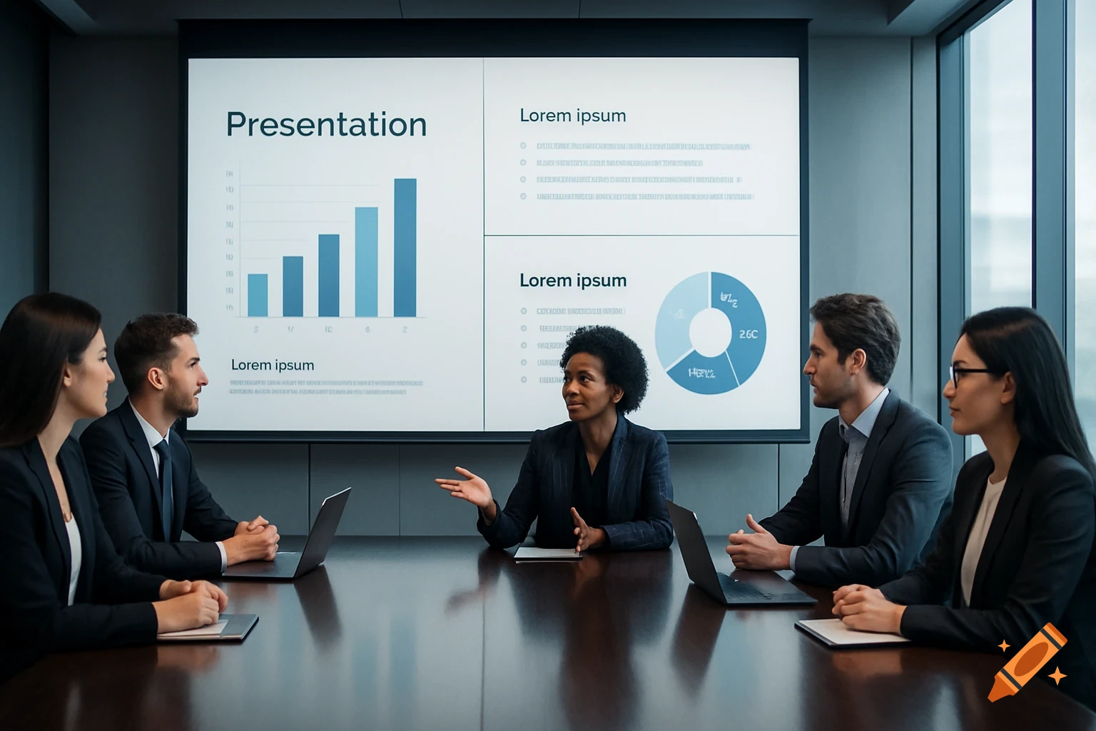 A diverse group of business professionals in suits sits around a conference table looking at a large screen displaying a presentation with charts and text.