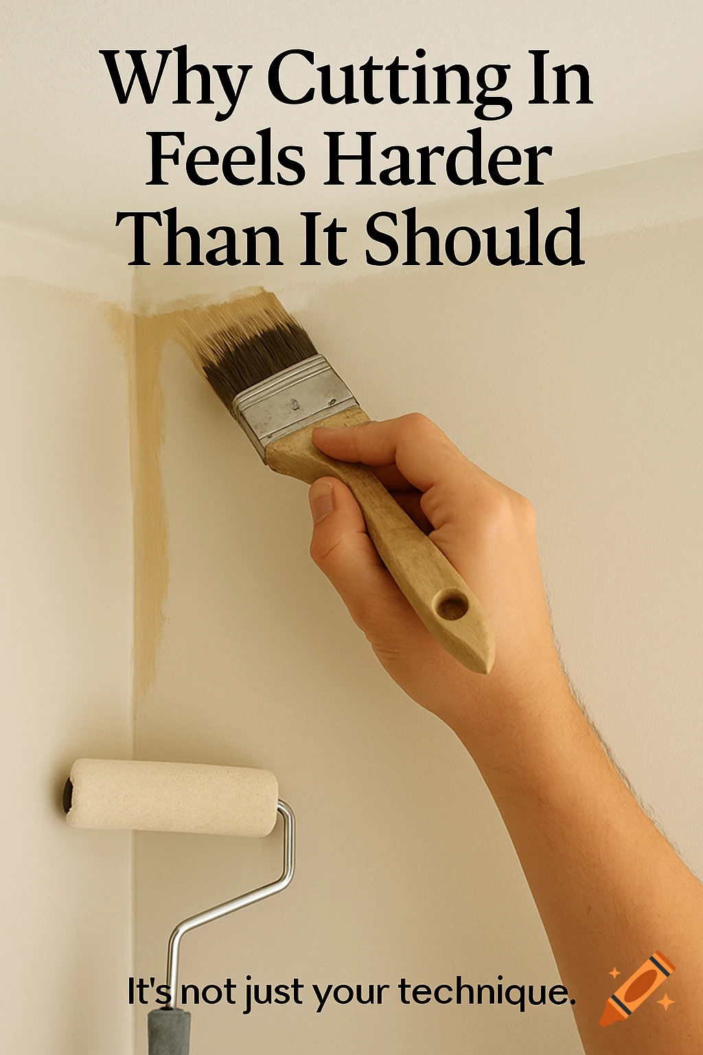 A close-up photorealistic image of a hand using a paintbrush to 'cut in' a wall corner, with a paint roller nearby. Text on image reads: "Why Cutting In Feels Harder Than It Should" and "It's not just your technique."