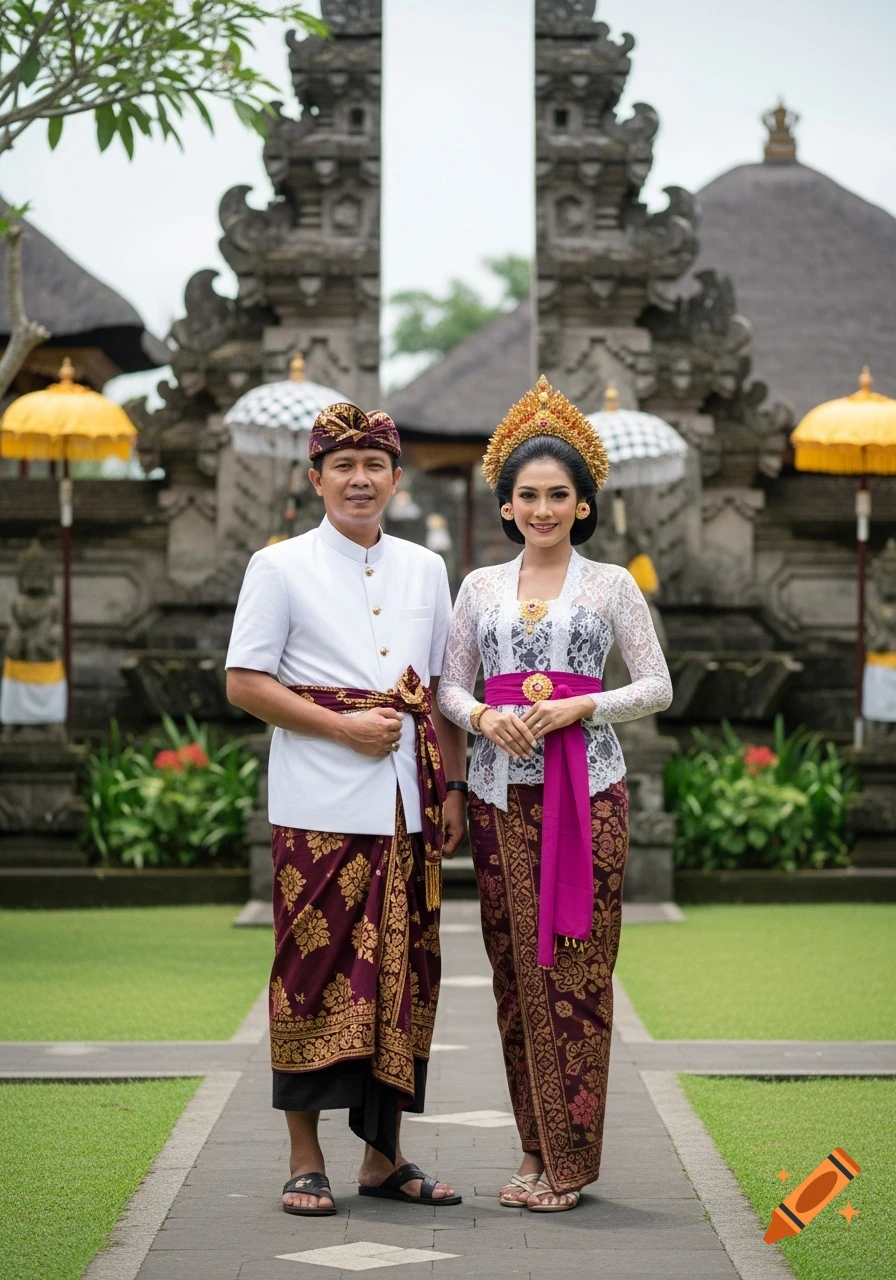 A Balinese couple in traditional ceremonial clothing stands smiling in front of an ornate temple.