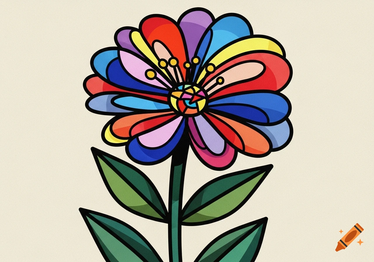 A vibrant, abstract flower with multi-colored petals, a green stem, and leaves on a light background.