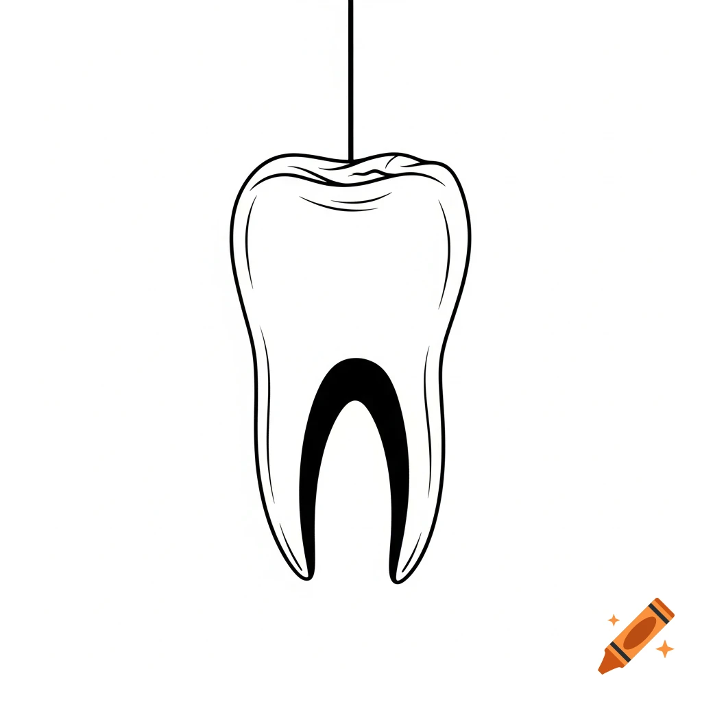 Simple black and white line drawing of a tooth, appearing to hang by a string, with its root area depicted as a black void.