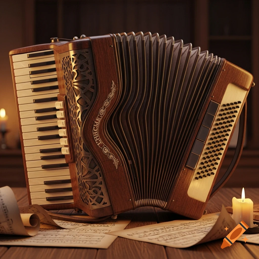 A photorealistic image of a wooden accordion with ivory keys, sheet music, and a lit candle on a dark wooden table.