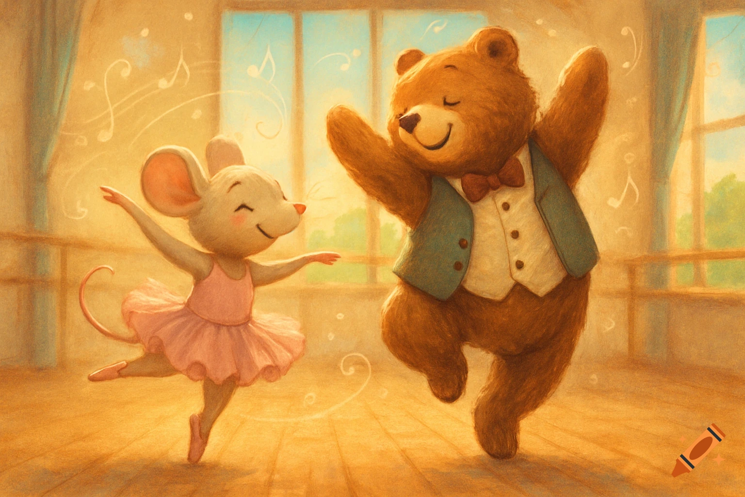 An animated mouse in a pink tutu dances ballet with a brown bear in a waistcoat and bow tie in a sunny studio.