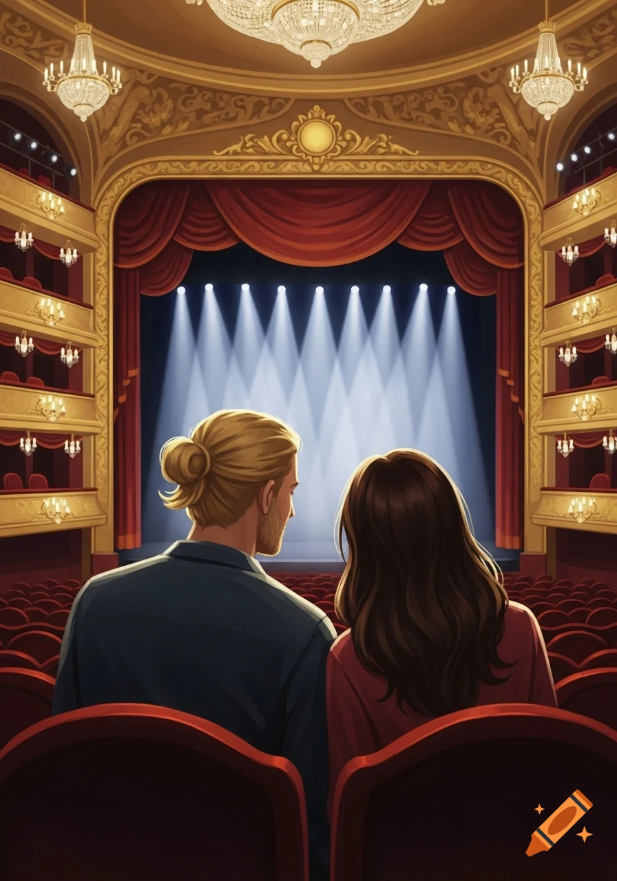 Illustrated image of a couple with their backs to the viewer, sitting in an ornate theater, looking at a brightly lit stage.