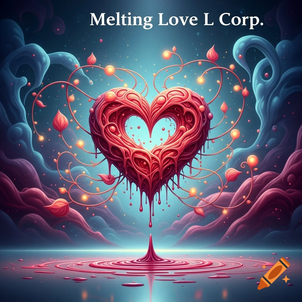 A stylized, melting red heart drips into a reflective surface under a vibrant, dreamy sky, with "Melting Love L Corp." text.
