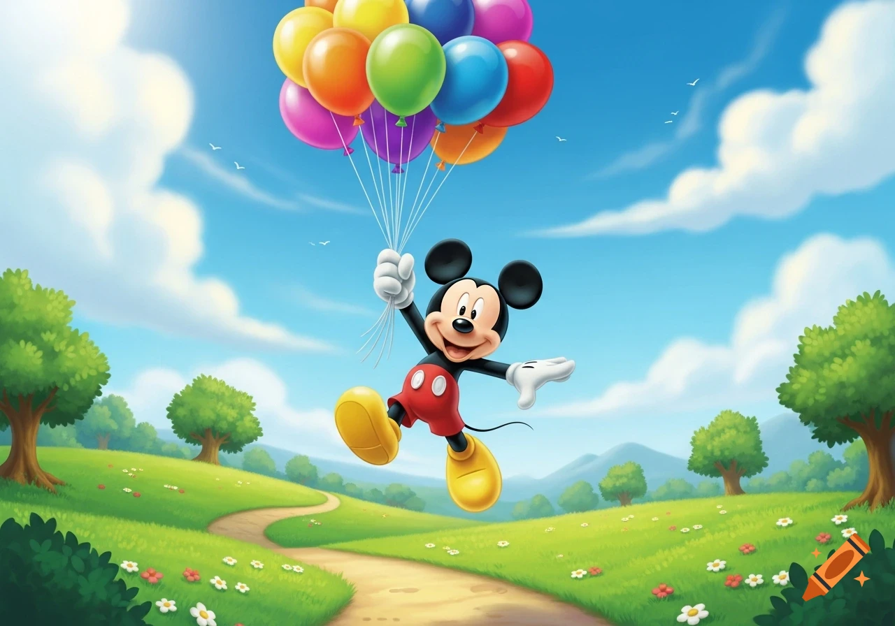 Mickey Mouse floats happily in a bright green landscape, holding a large bunch of colorful balloons.