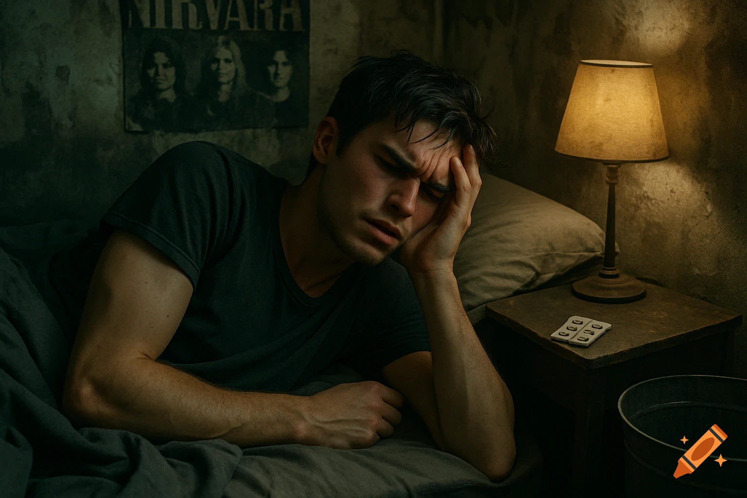 A man with a severe migraine lies distressed in a grunge-style bedroom, with pills and a lamp on a nightstand.