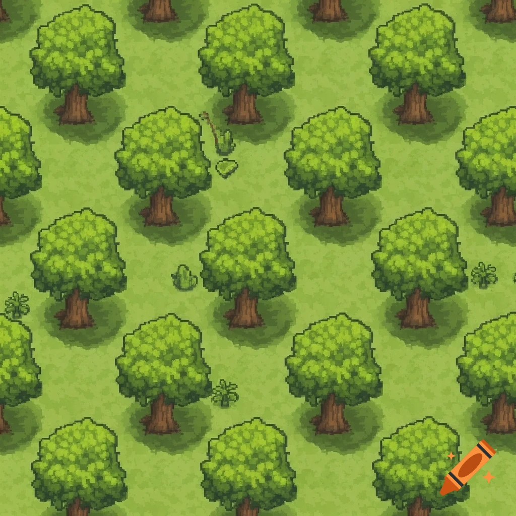 A seamless pixel art pattern of green trees on grass, in a top-down isometric view.