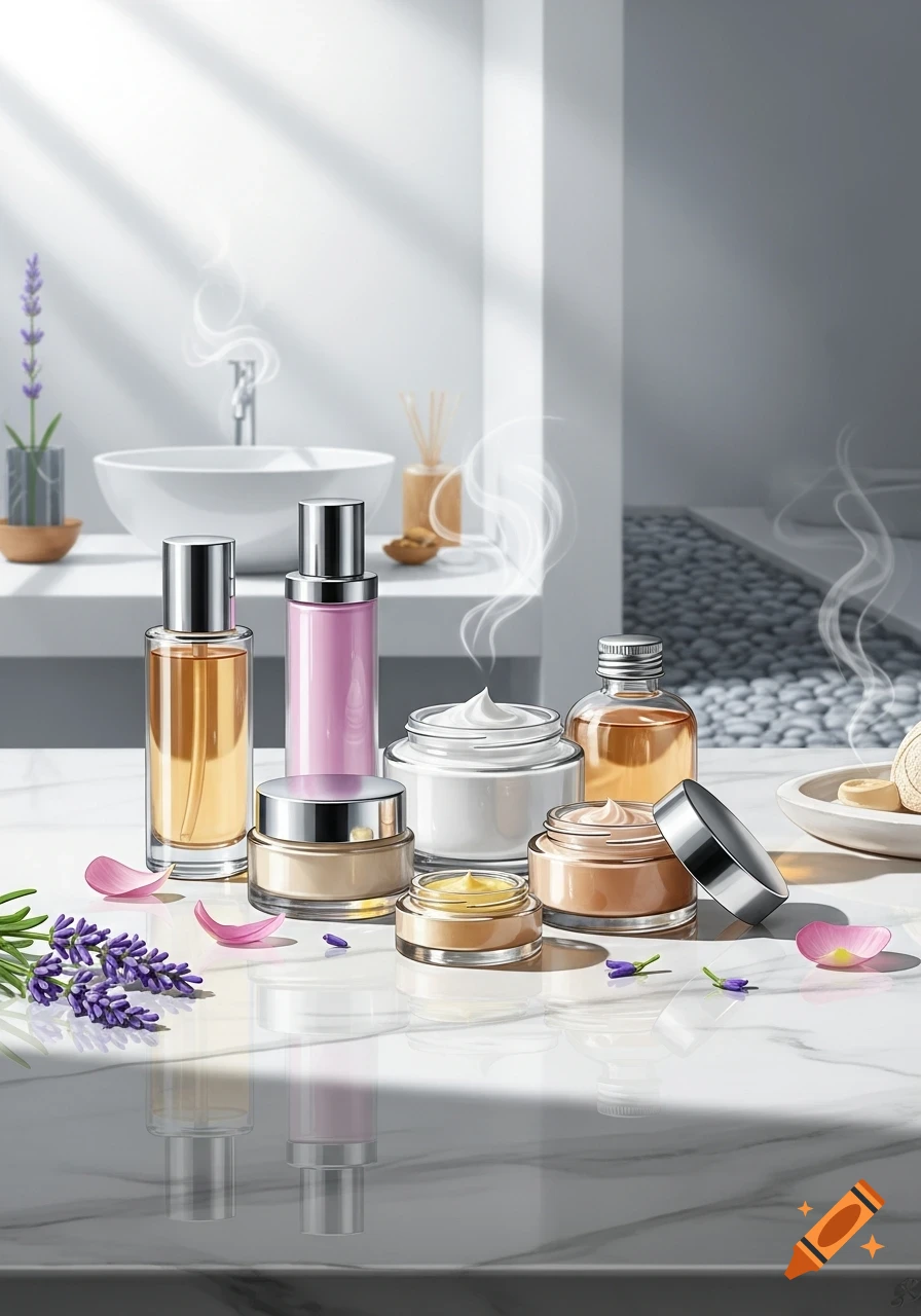 A collection of skincare products, including bottles, jars of cream, and an oil, on a white marble counter in a bright bathroom, with lavender sprigs and steam wisps.