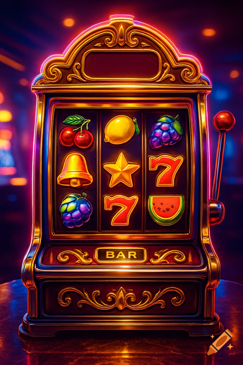 Vibrant, neon-lit slot machine with gold trim, featuring symbols like cherries, lemons, stars, and the word BAR.