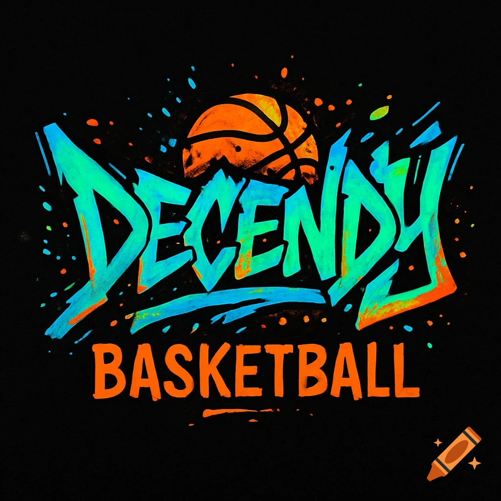 Vibrant graffiti-style 'DECENDY BASKETBALL' logo in teal, orange, and blue on a black background, with a stylized basketball.
