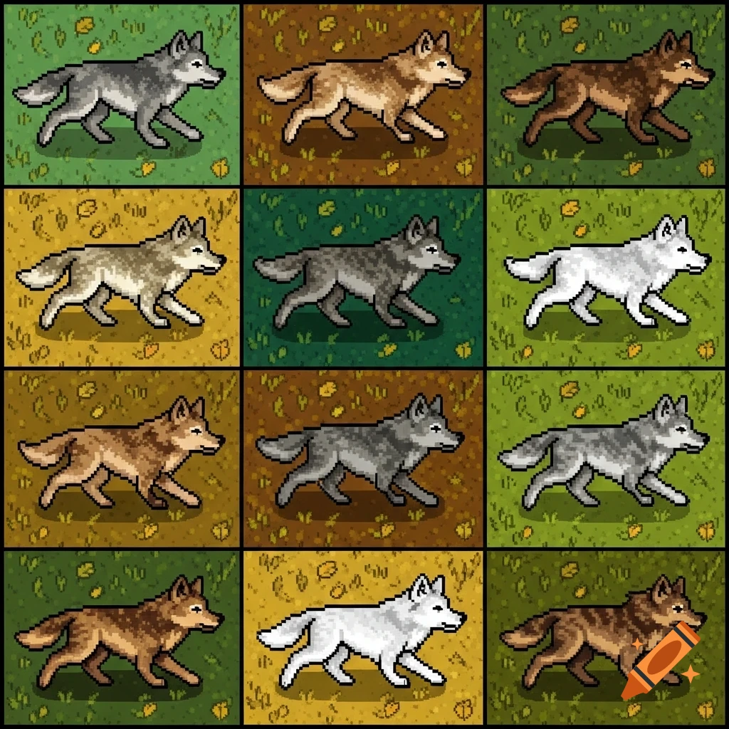 A grid of twelve pixel art wolves walking to the right on varied grassy and dirt backgrounds.