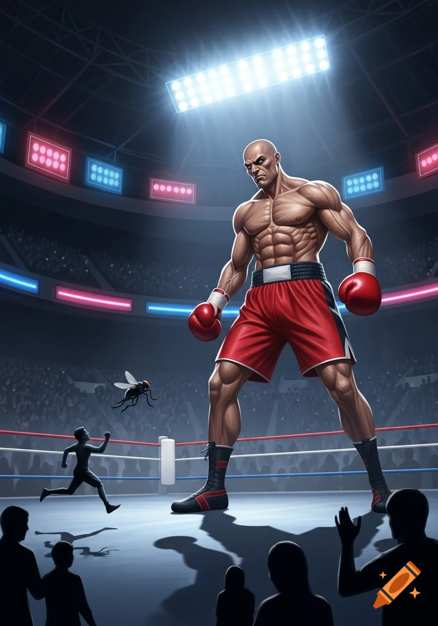 A giant muscular boxer in red shorts and gloves stands in a boxing ring, looking down at a tiny running human and a large fly, with spectators in the background. Illustrative style.