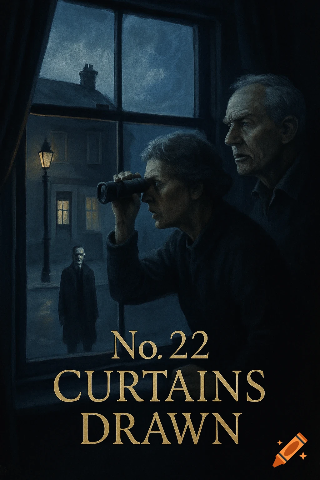 A dark, suspenseful book cover with an elderly couple peering out a misty window at a mysterious man on a street at night. Title 'No. 22 Curtains Drawn'.