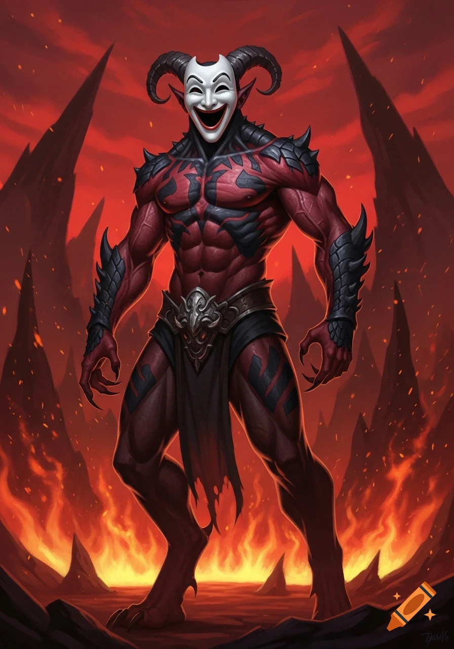 A muscular red-skinned demon with horns and sharp claws, wearing a white comedy mask, stands in a fiery hellish landscape. Digital painting.