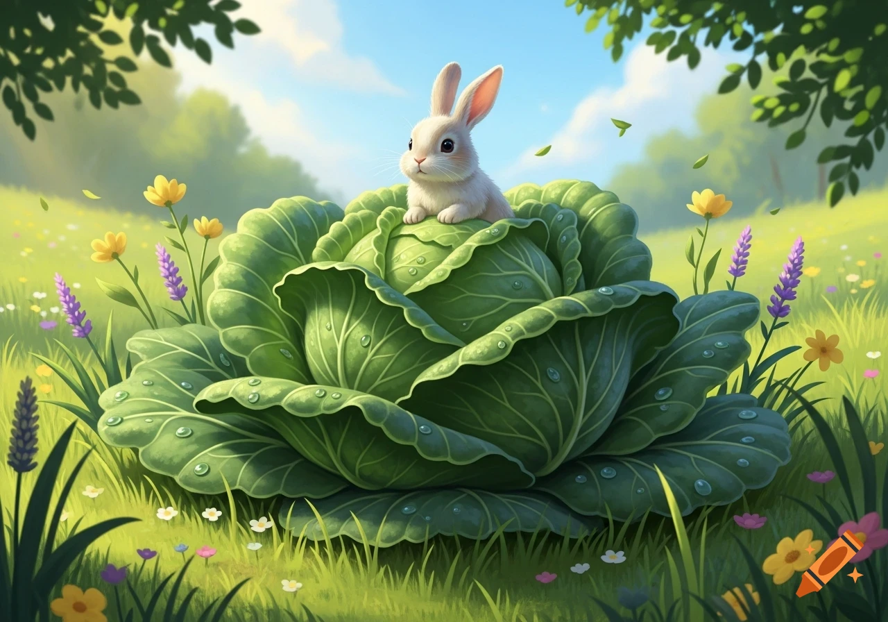 A small white rabbit sits on a large green cabbage in a sunny meadow ...