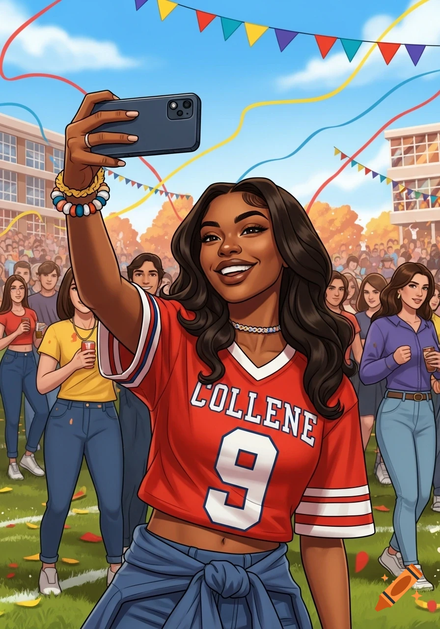 A smiling African American woman takes a selfie at a vibrant college tailgating event, wearing a red jersey.