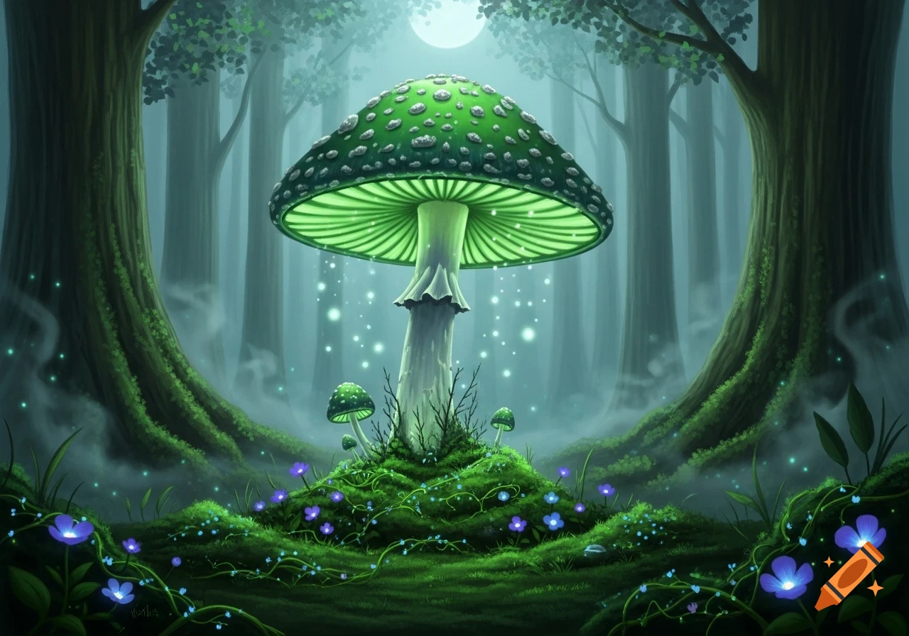 A large, glowing green mushroom stands prominently in a misty, magical forest with smaller mushrooms and blue flowers, illustrated.