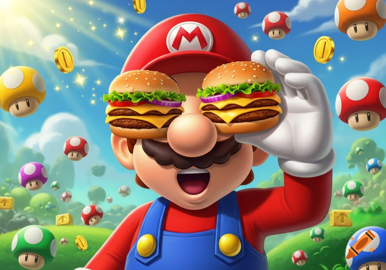 Cartoon Mario with two cheeseburgers covering his eyes, in a bright Super Mario Bros. mushroom kingdom landscape with coins and power-ups.