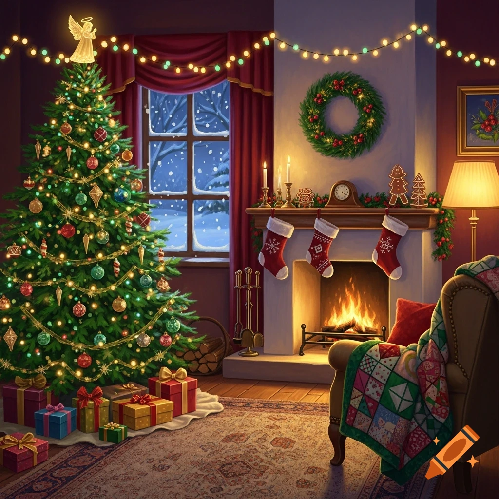 A cozy Christmas living room with a decorated tree, a fireplace with stockings, gifts, and snow falling outside a window.