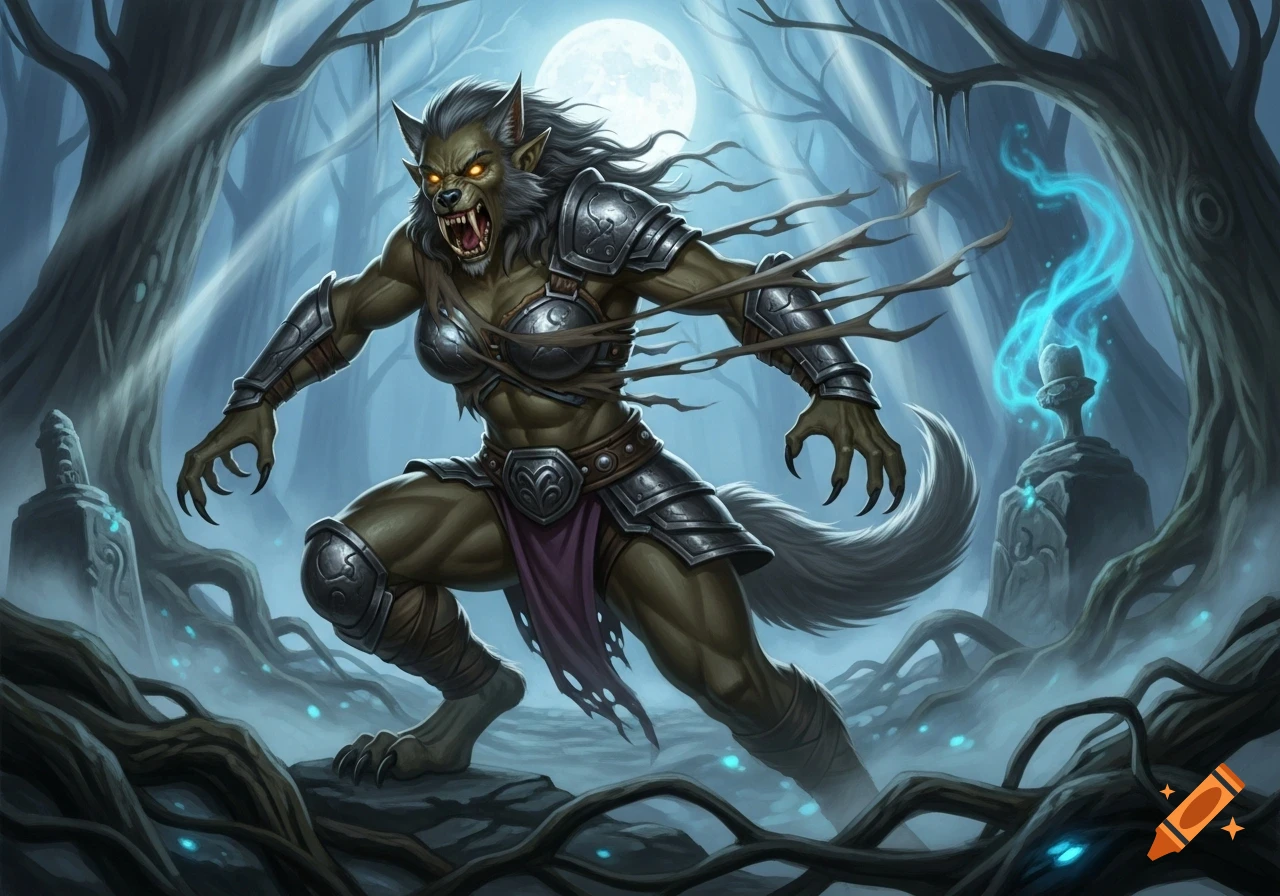 A fierce female werewolf in armor with glowing eyes and tattered clothing, lunging through a mystical, moonlit forest.