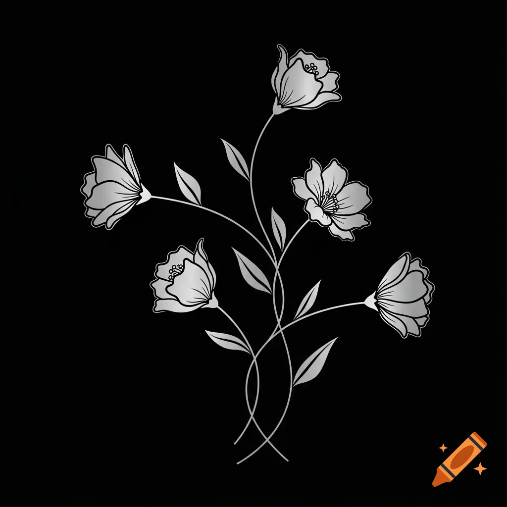 Silver minimalist flowers with curved stems and leaves on a black background.