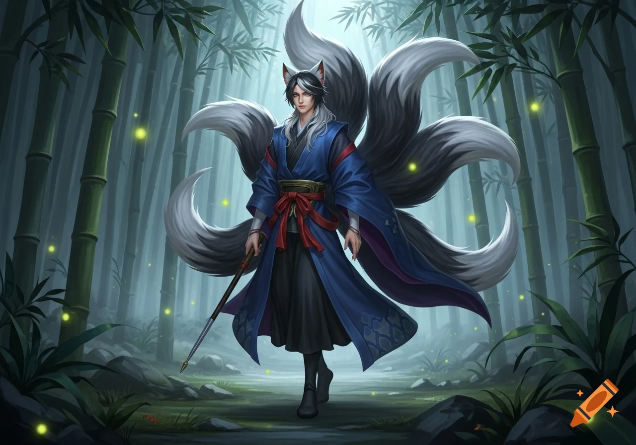 A handsome male kitsune with multiple white and grey tails stands in a mystical bamboo forest with glowing fireflies.
