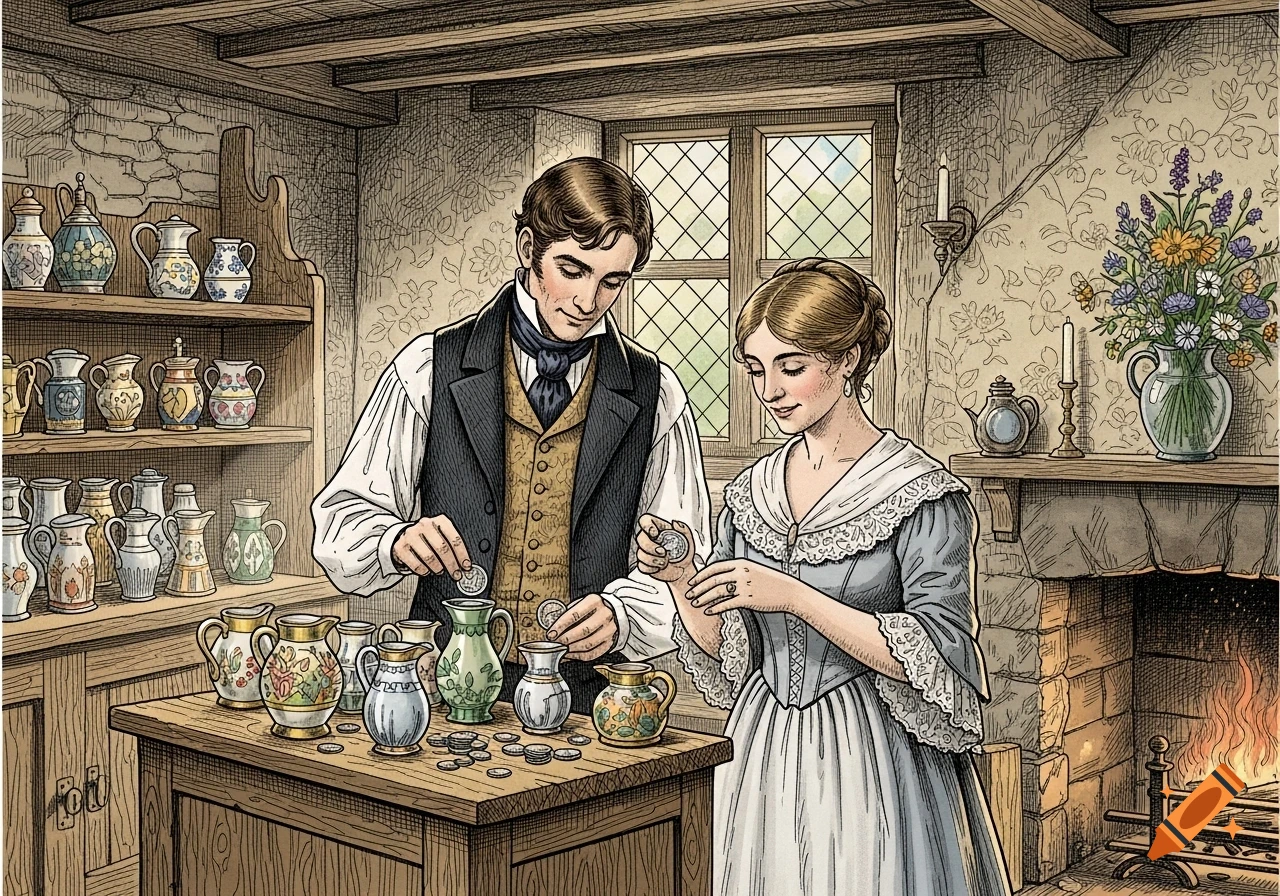 Victorian illustration of a man and woman counting coins into small decorative jugs in an old cottage.