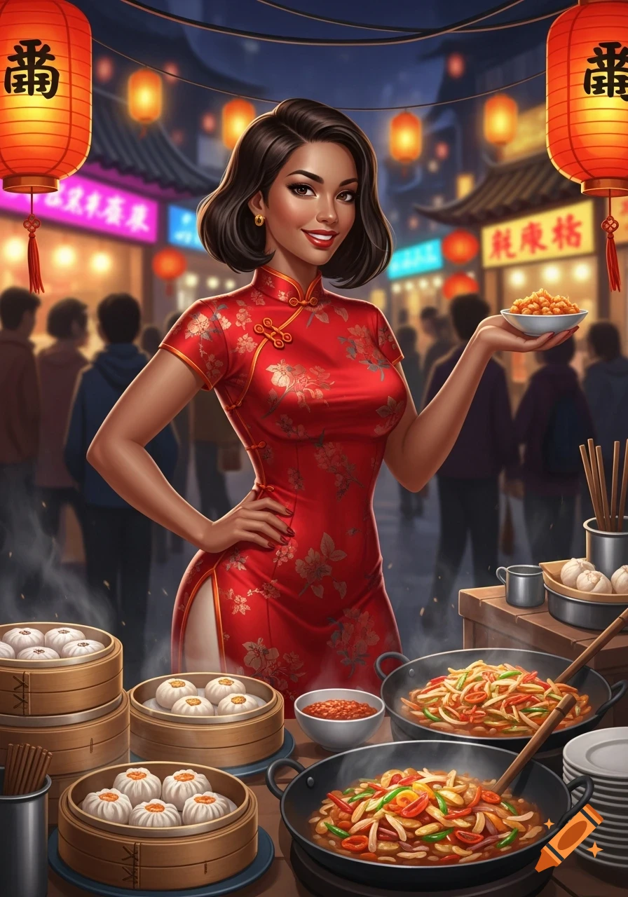 Smiling woman in red cheongsam at a vibrant Chinese street food stall with dim sum and stir-fry, stylized illustration.