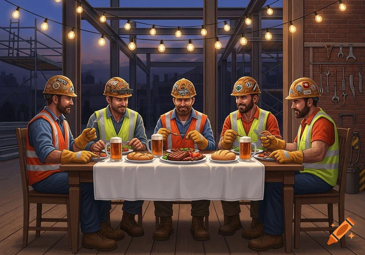 Five smiling construction workers in hard hats and vests eat dinner and drink beer at a long table under string lights at a construction site.