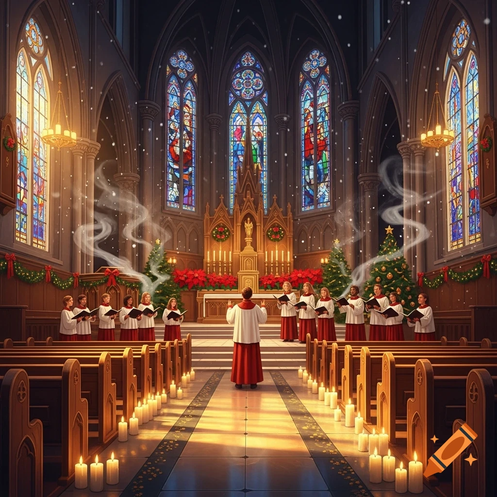A Christmas church service inside a grand, candlelit cathedral with a choir singing under stained glass windows.