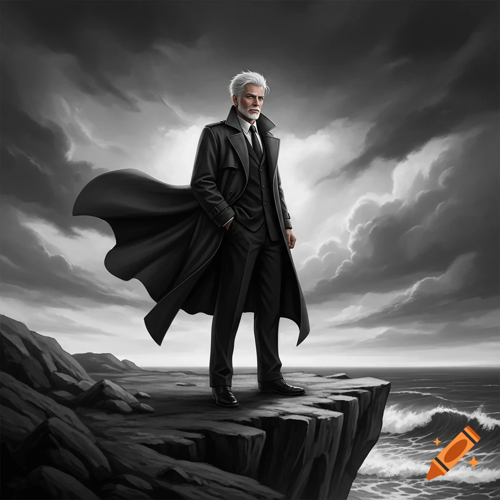 Grey-haired man in a trench coat stands on a rocky cliff overlooking a stormy sea under a dramatic cloudy sky, black and white illustration.