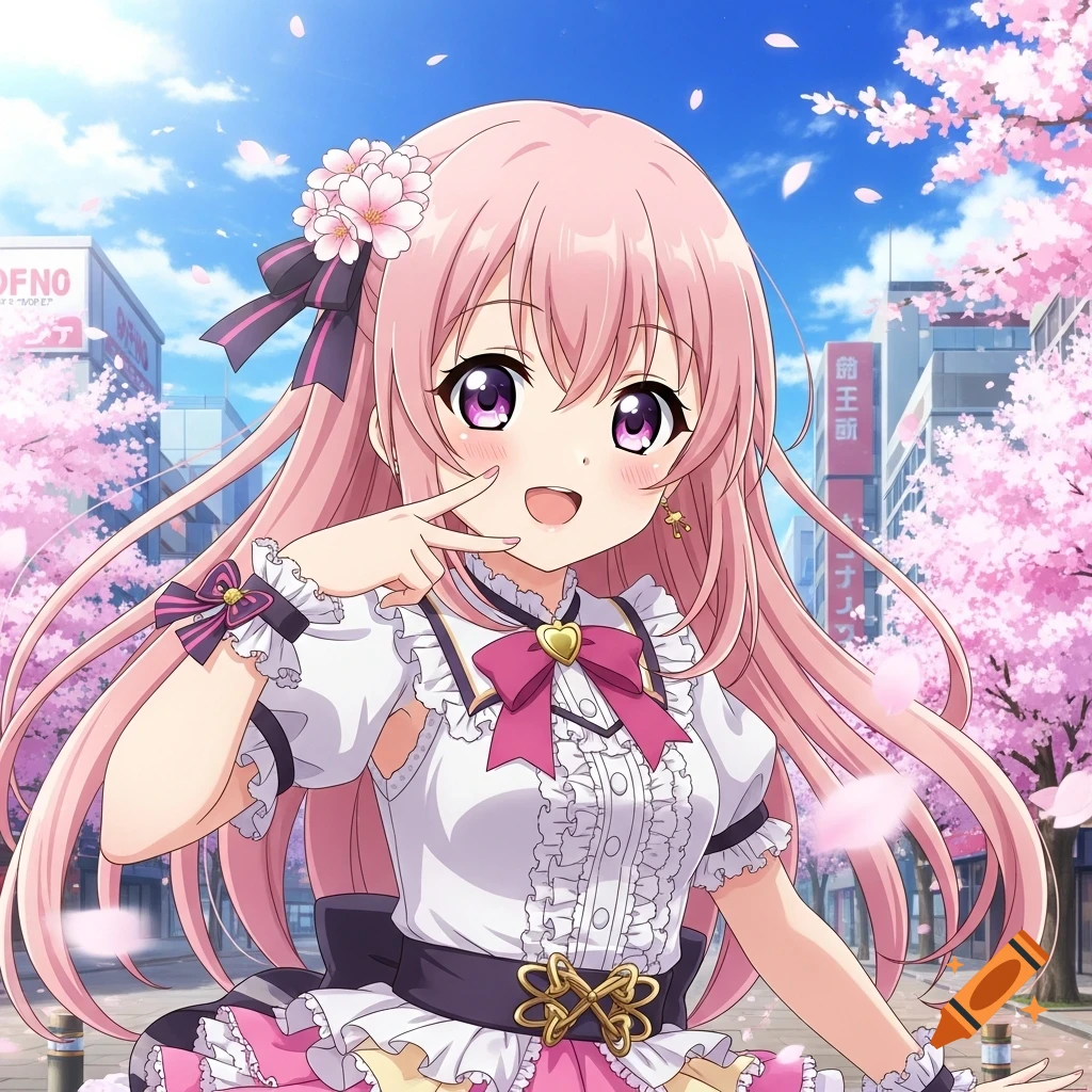 A smiling anime girl with long pink hair and purple eyes makes a peace ...