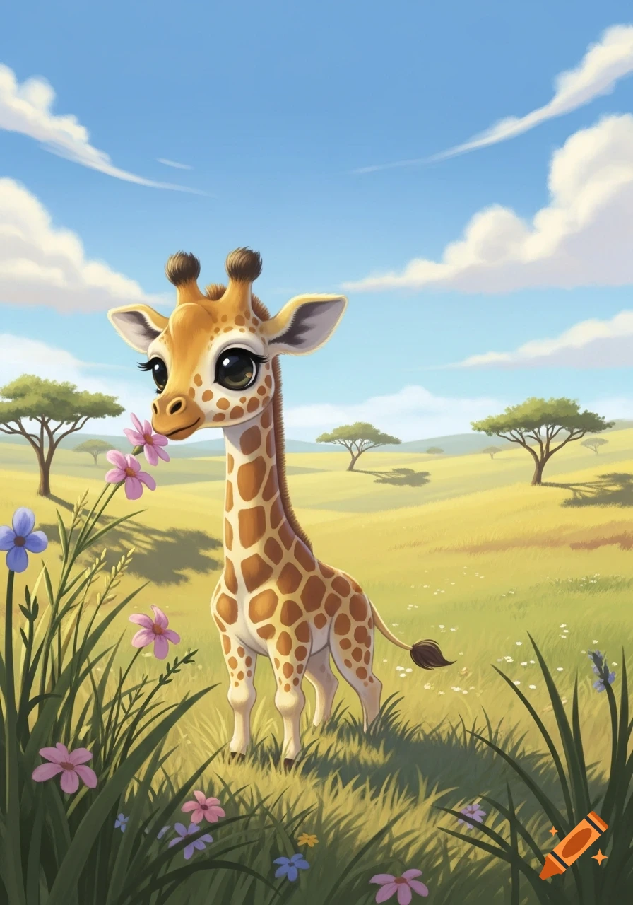 A cute cartoon baby giraffe with big eyes sniffs a pink flower in a grassy savanna with acacia trees under a blue sky.