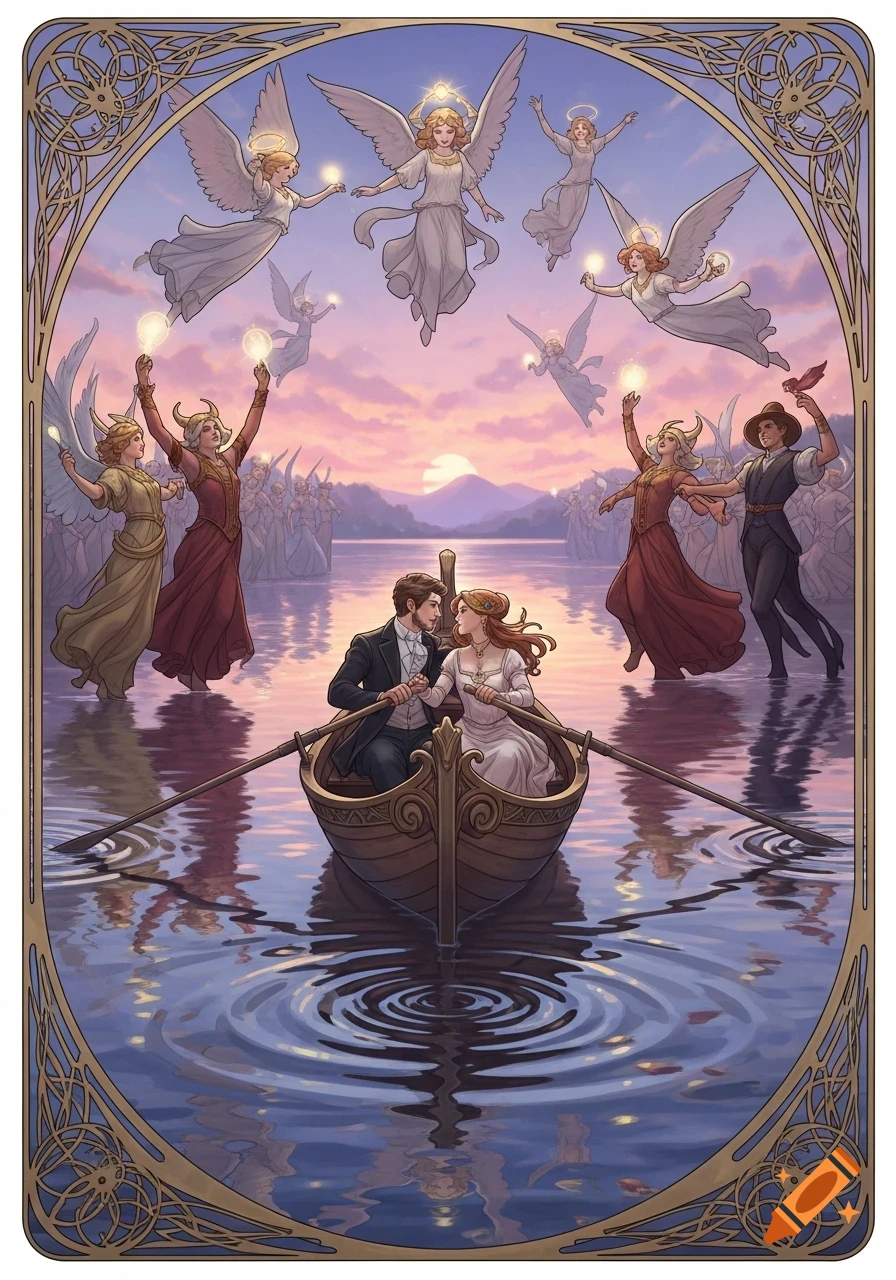 Art Nouveau illustration of a couple in a rowboat on a lake at sunset, surrounded by celestial angels and mythical figures.